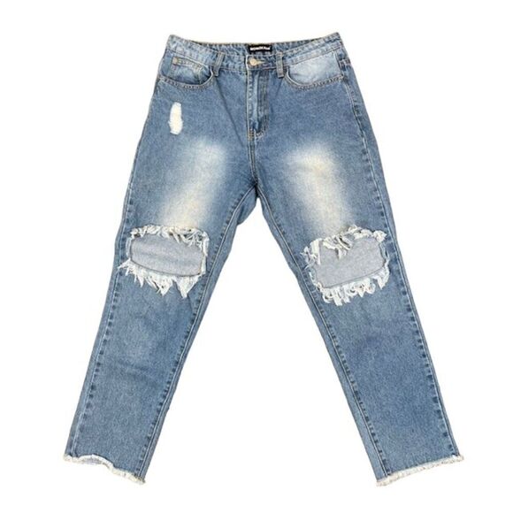 MOMOKROM Women's Distressed Frayed Cropped Jeans Medium Wash Size 8 - Picture 1 of 9